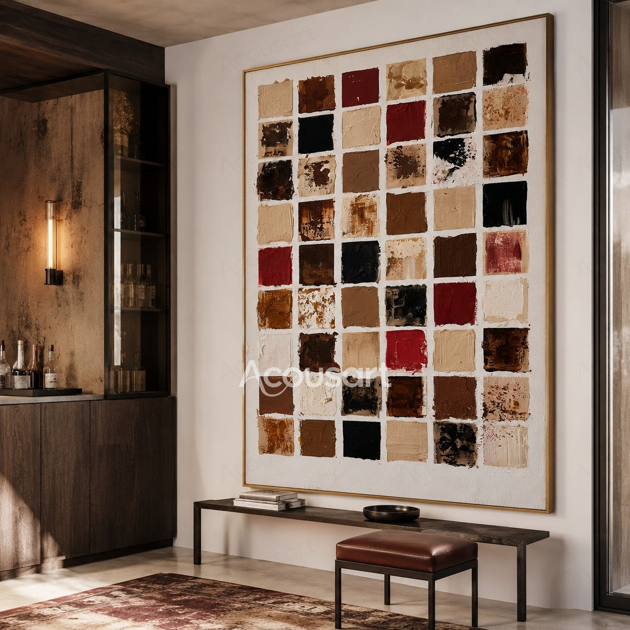 Modern abstract textured wall art with colorful paint squares in a grid pattern