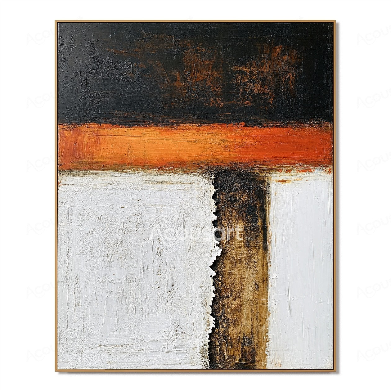 Modern abstract textured wall art with black, orange, white, and brown color blocks