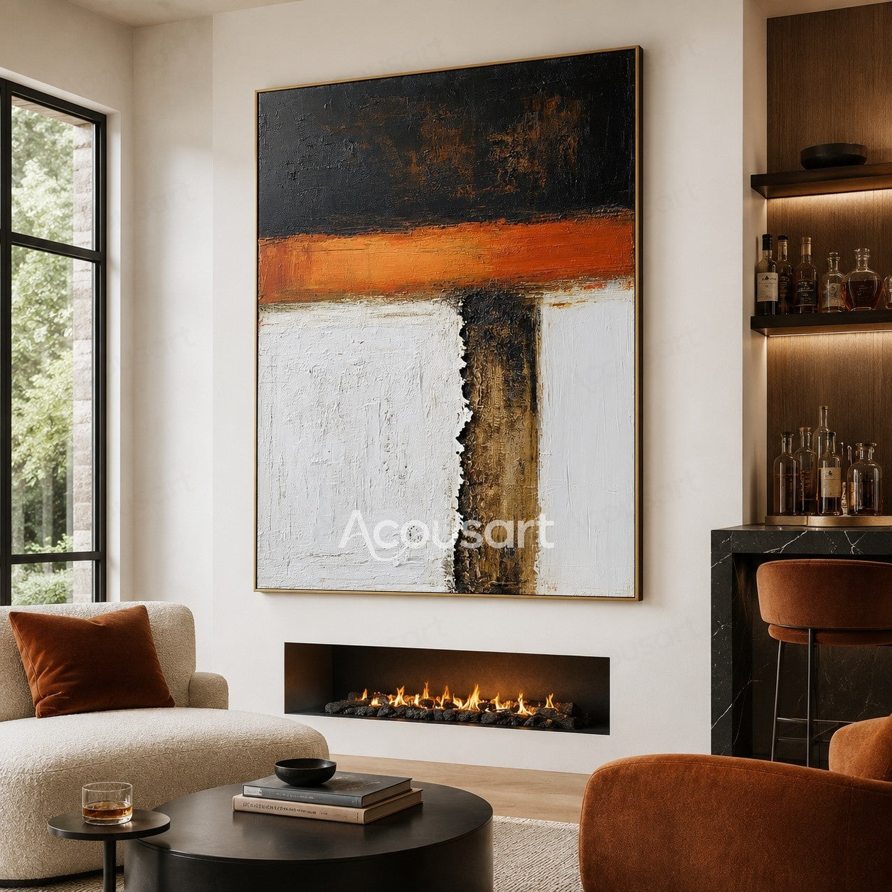 Modern abstract textured wall art with black, orange, white, and brown color blocks