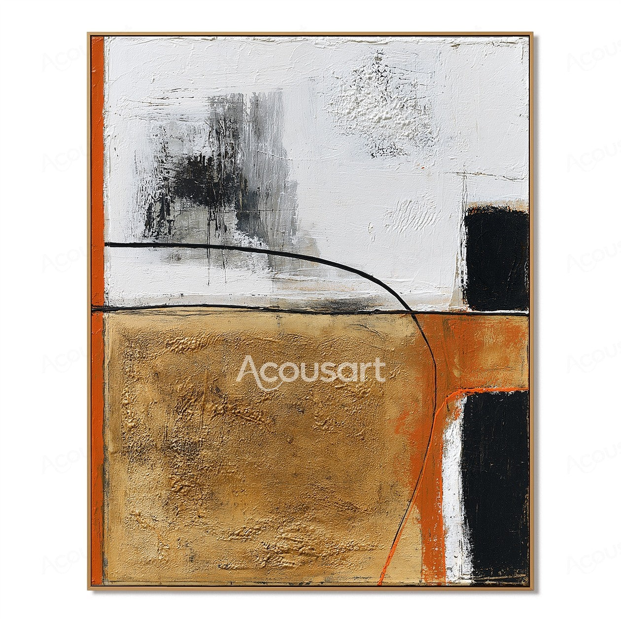Modern abstract textured wall art with black, white, gold, and orange layered brushstrokes