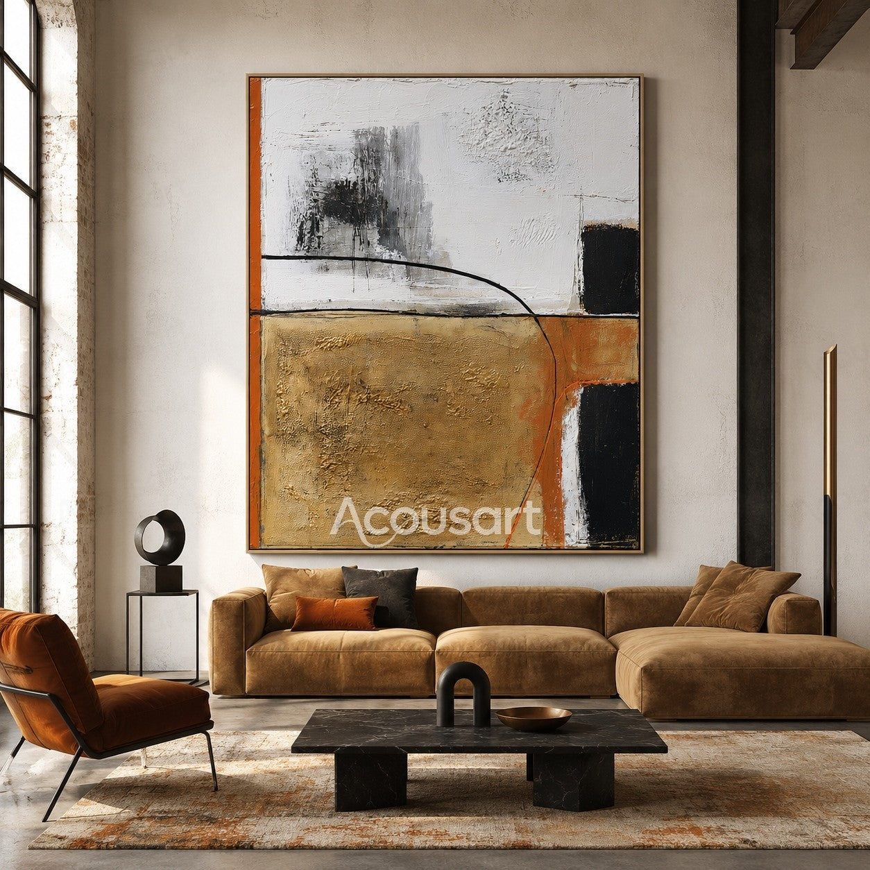 Modern abstract textured wall art with black, white, gold, and orange layered brushstrokes