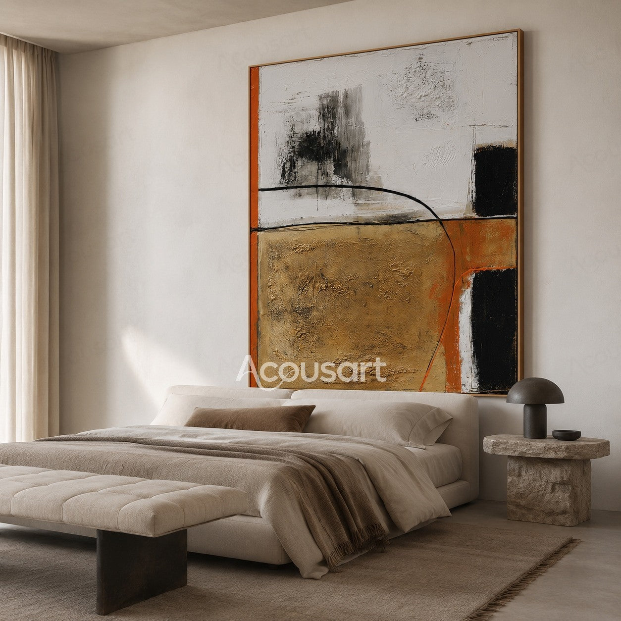 Modern abstract textured wall art with black, white, gold, and orange layered brushstrokes