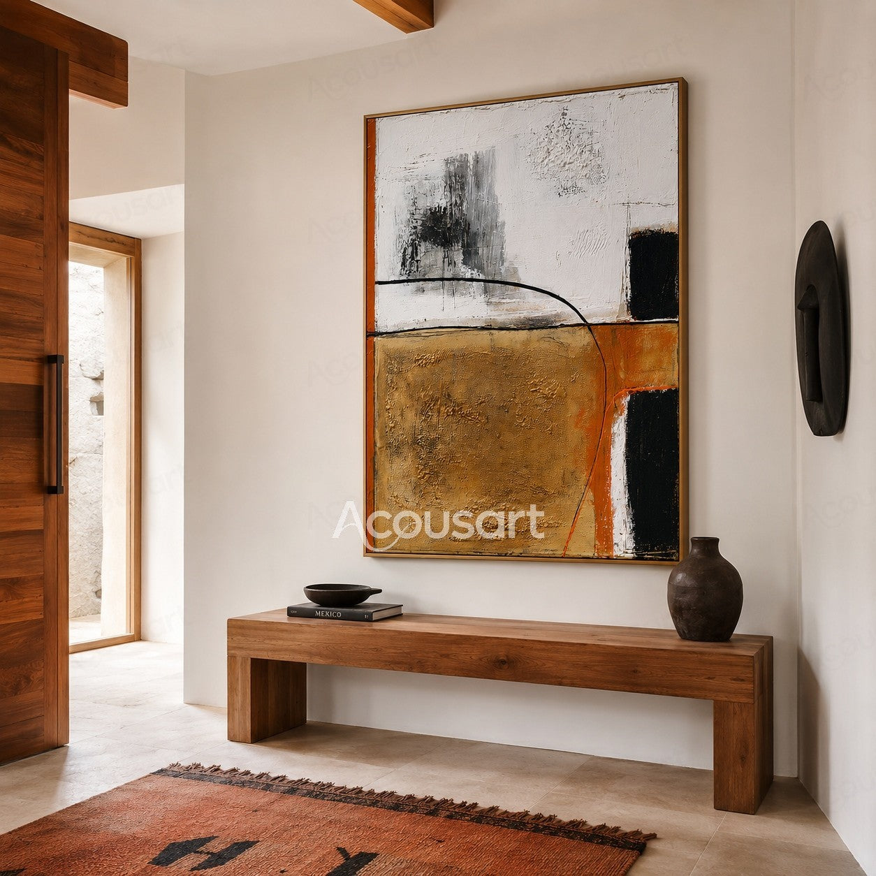 Modern abstract textured wall art with black, white, gold, and orange layered brushstrokes