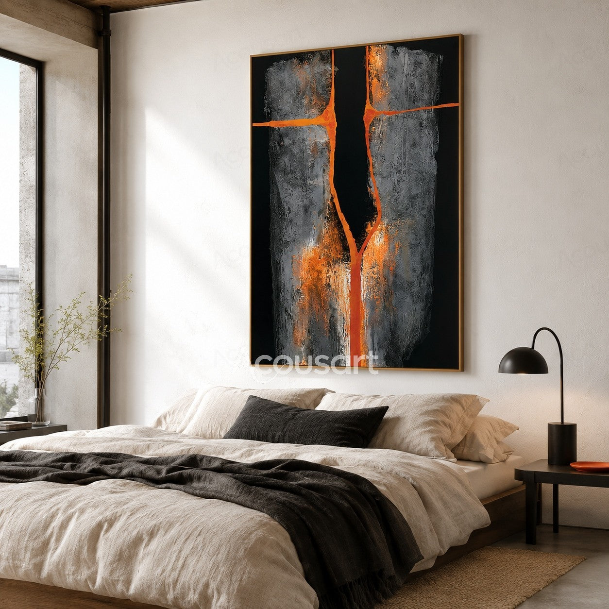 Black orange abstract textured wall art with gray blocks and glowing orange crack design