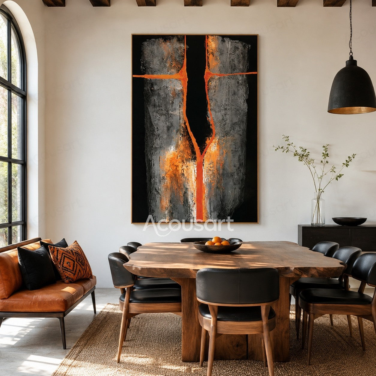 Black orange abstract textured wall art with gray blocks and glowing orange crack design
