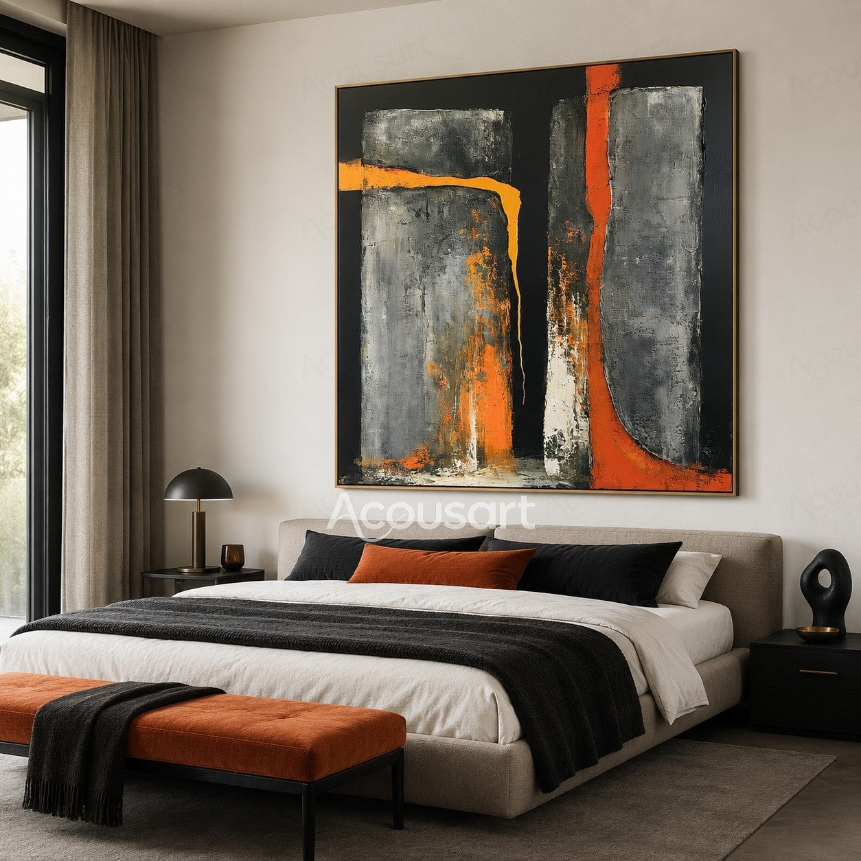 Black orange abstract textured wall art with gray geometric shapes and industrial brushstroke design