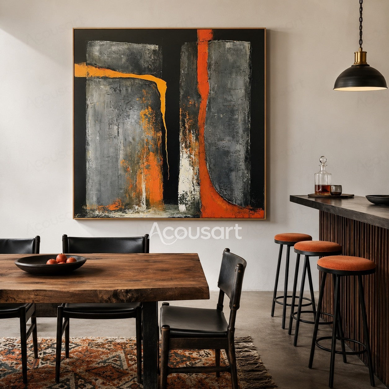 Black orange abstract textured wall art with gray geometric shapes and industrial brushstroke design