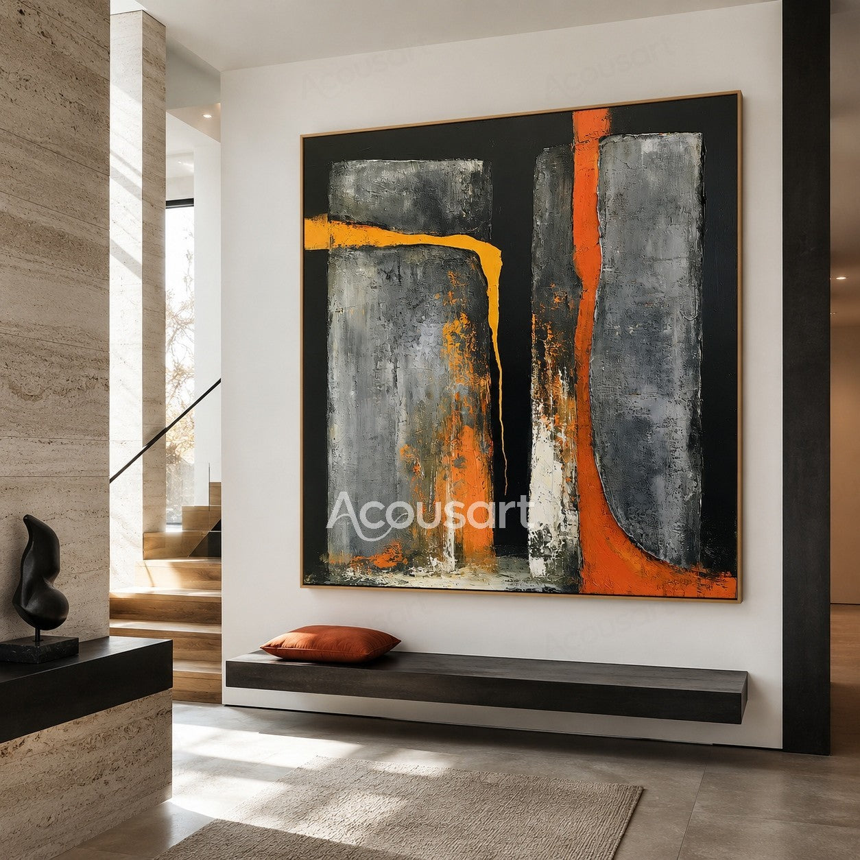 Black orange abstract textured wall art with gray geometric shapes and industrial brushstroke design