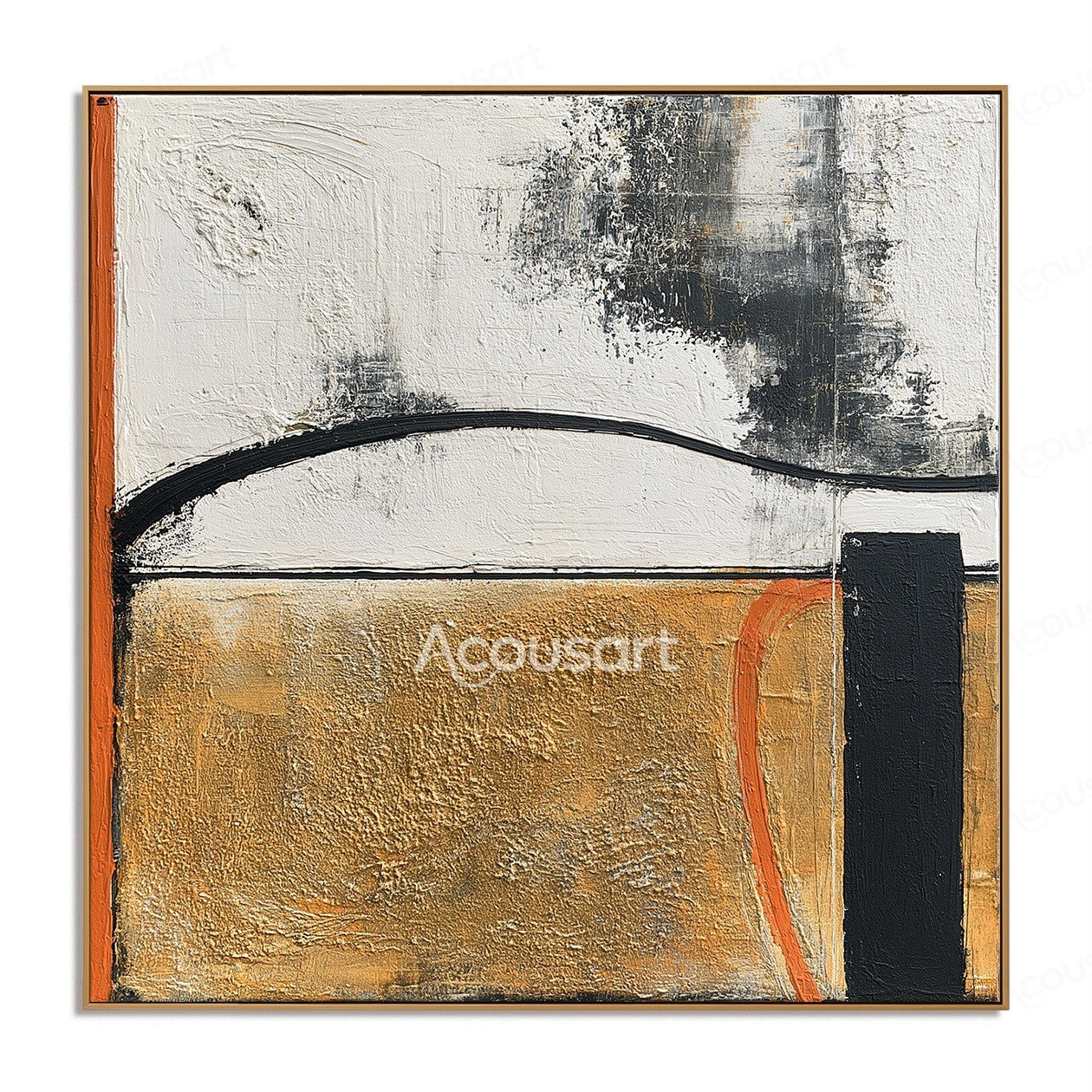 Modern abstract textured wall art with gold, white, black, and orange layers with curved brush lines