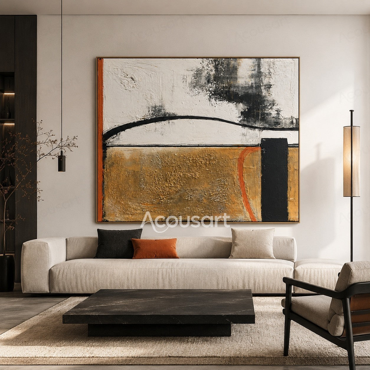 Modern abstract textured wall art with gold, white, black, and orange layers with curved brush lines