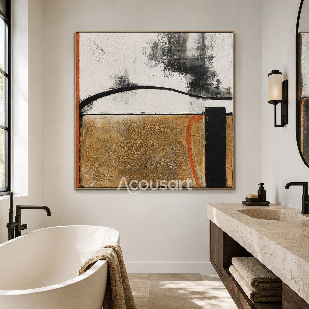Modern abstract textured wall art with gold, white, black, and orange layers with curved brush lines