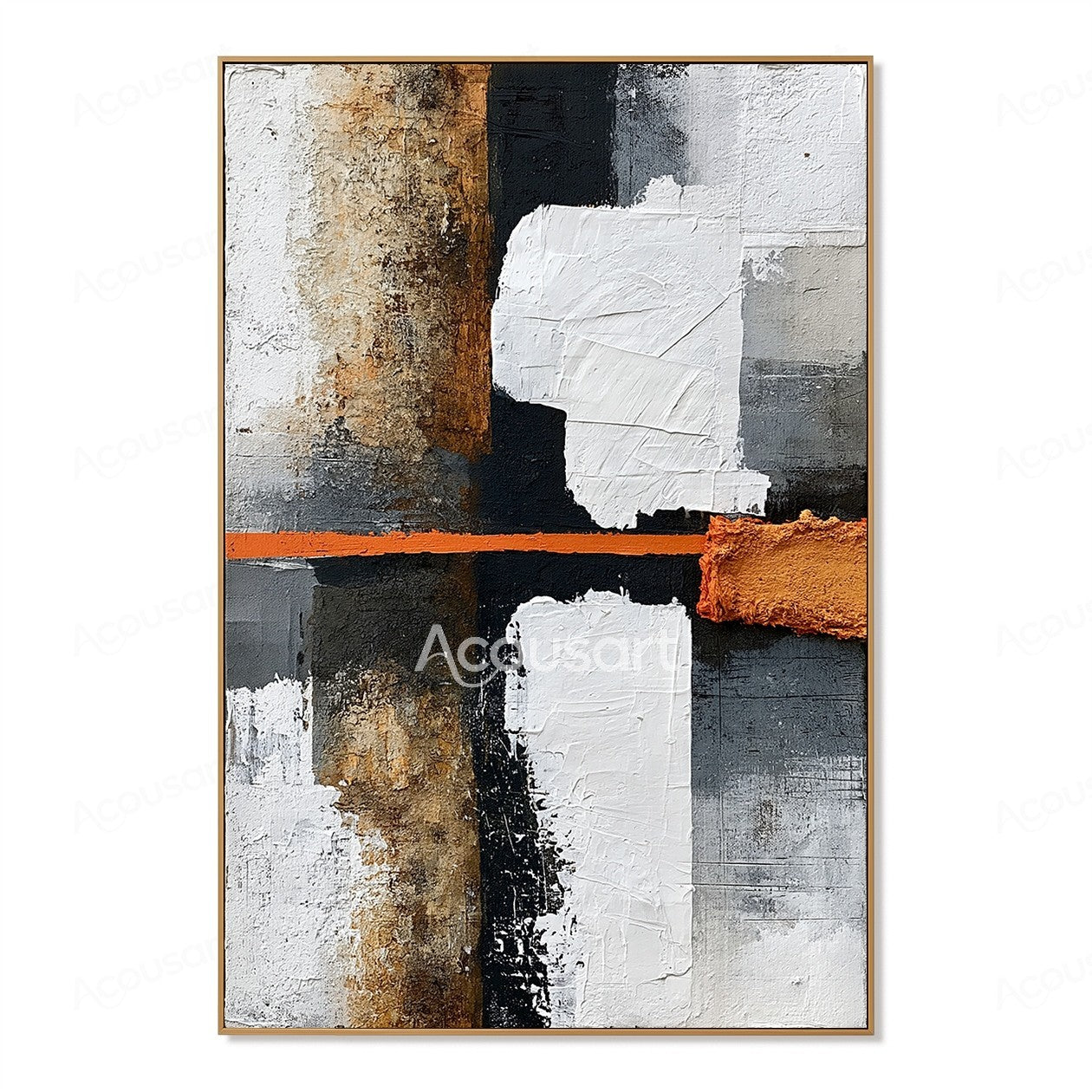 Black white abstract textured wall art with orange accent, gray blocks, and layered geometric paint design