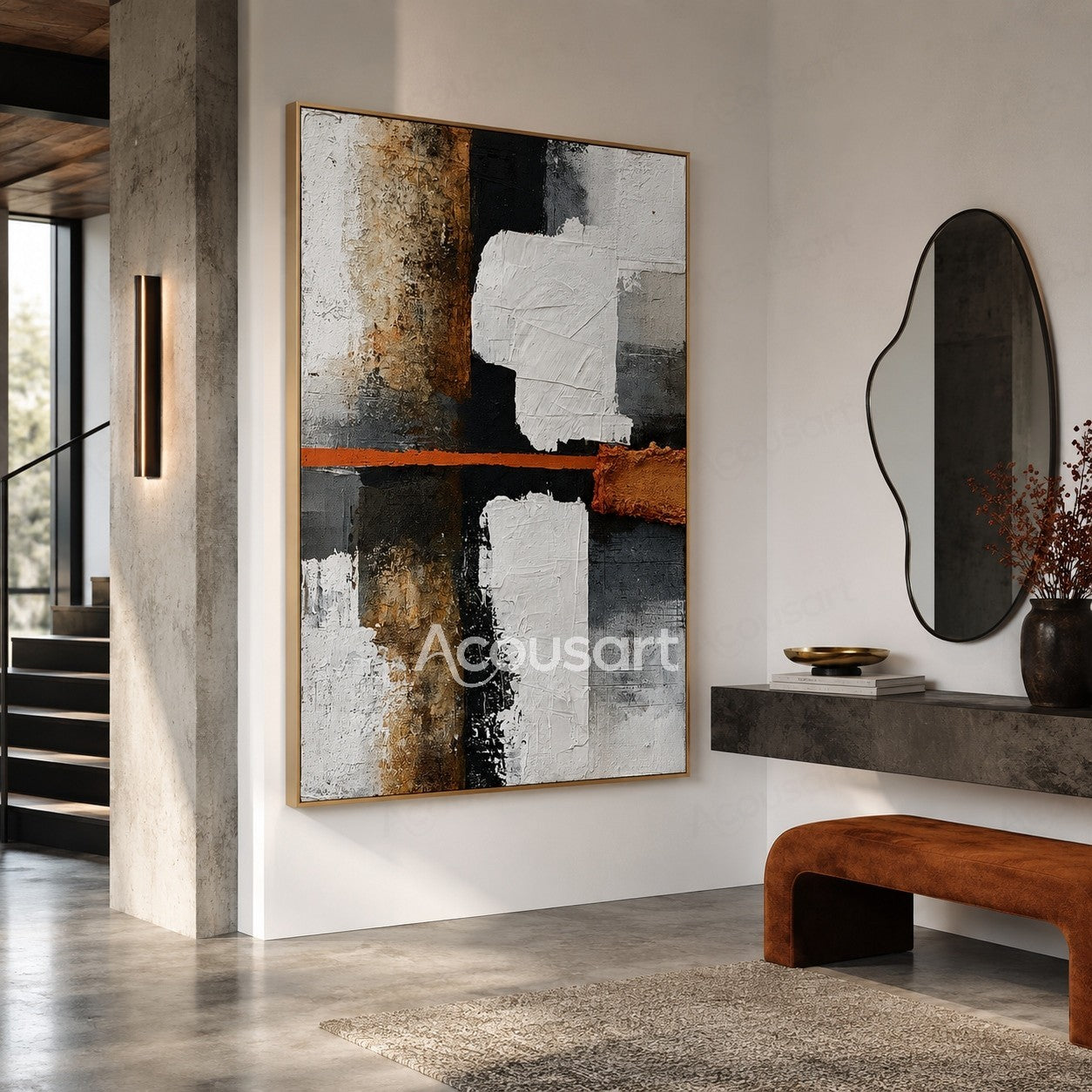 Black white abstract textured wall art with orange accent, gray blocks, and layered geometric paint design