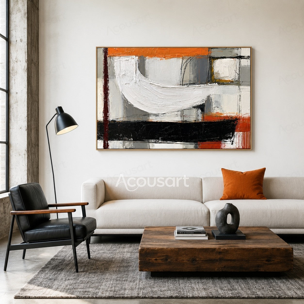 Black white orange abstract textured wall art with layered brushstrokes and bold geometric design