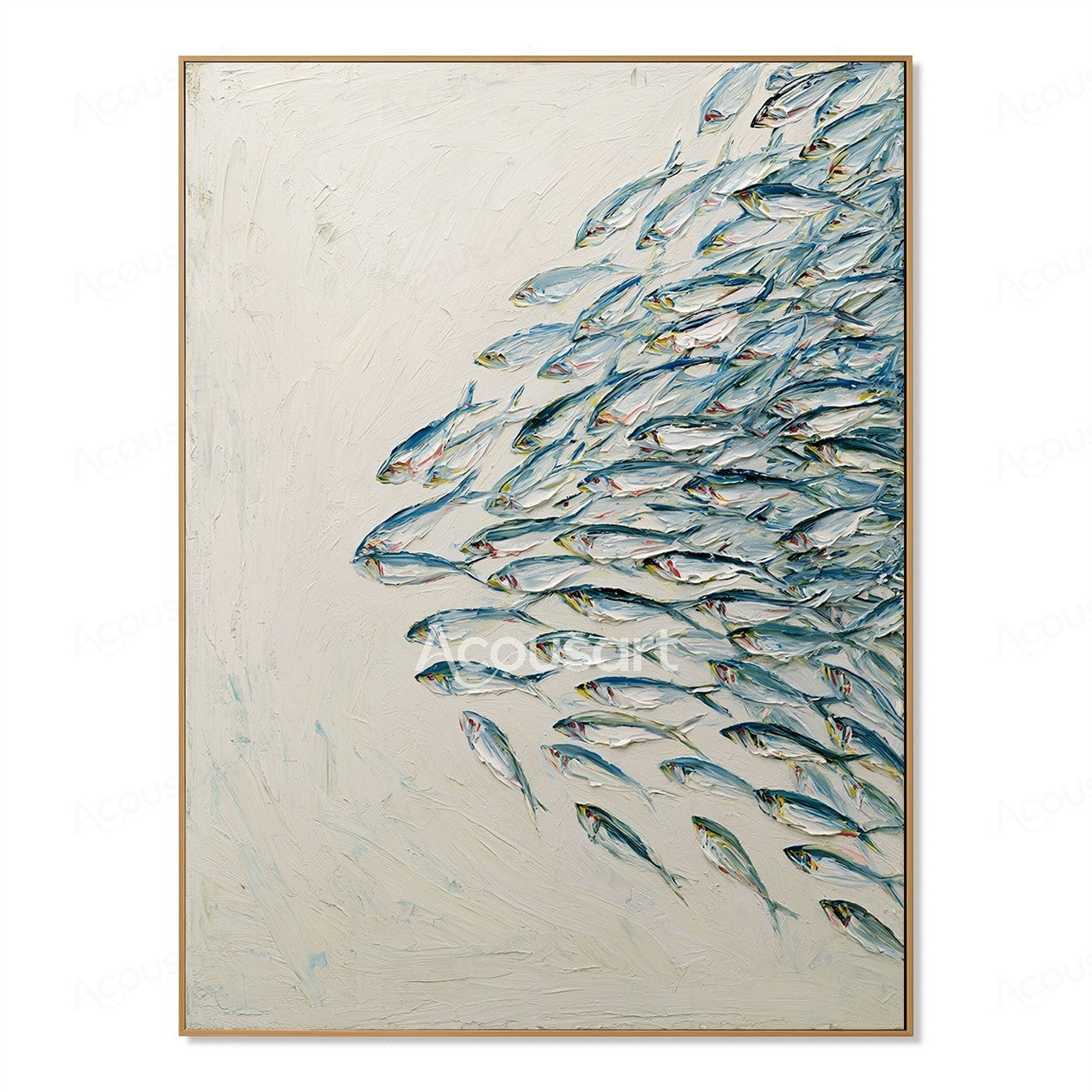 Blue textured fish wall art with silver fish swimming on a white ocean background