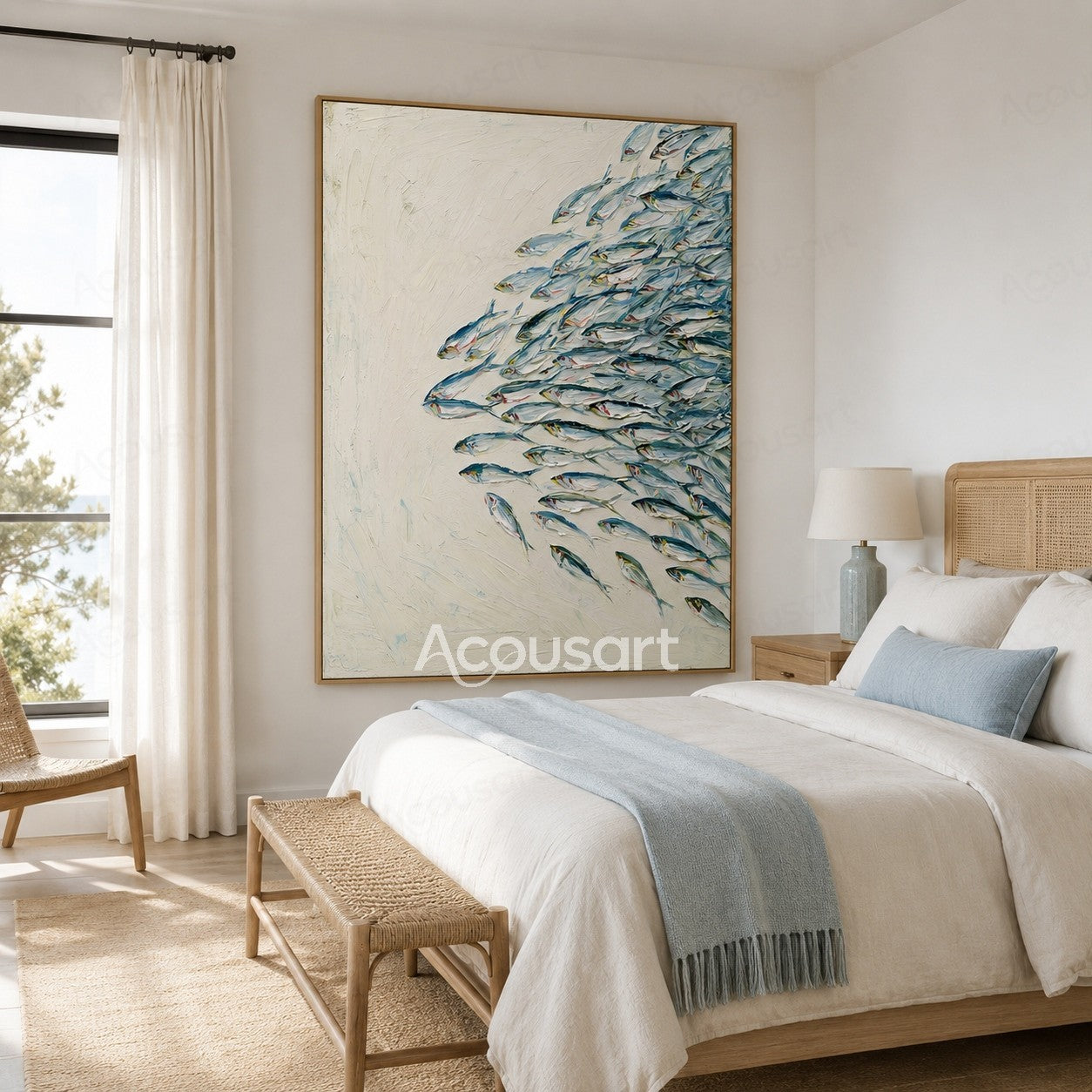 Blue textured fish wall art with silver fish swimming on a white ocean background