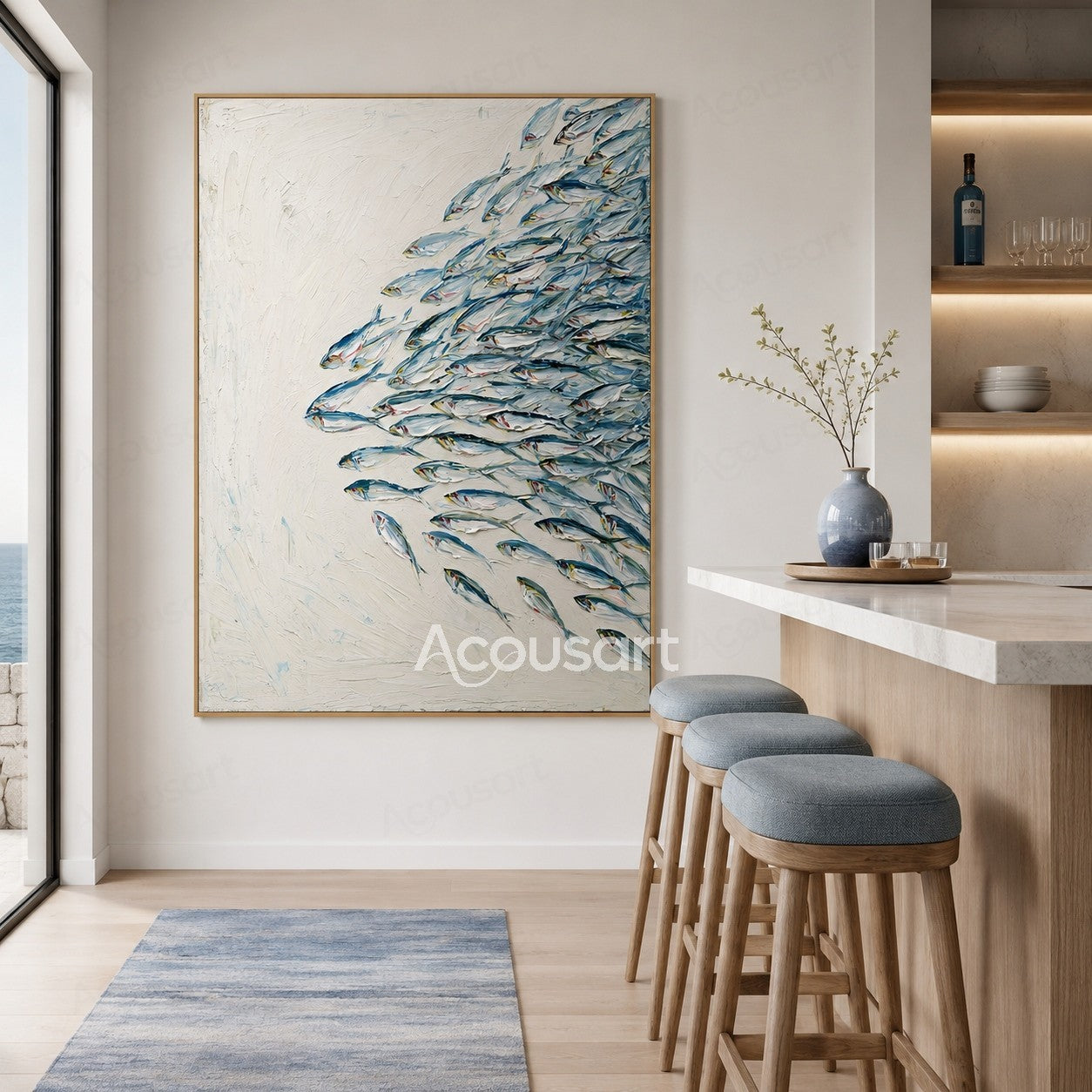 Blue textured fish wall art with silver fish swimming on a white ocean background