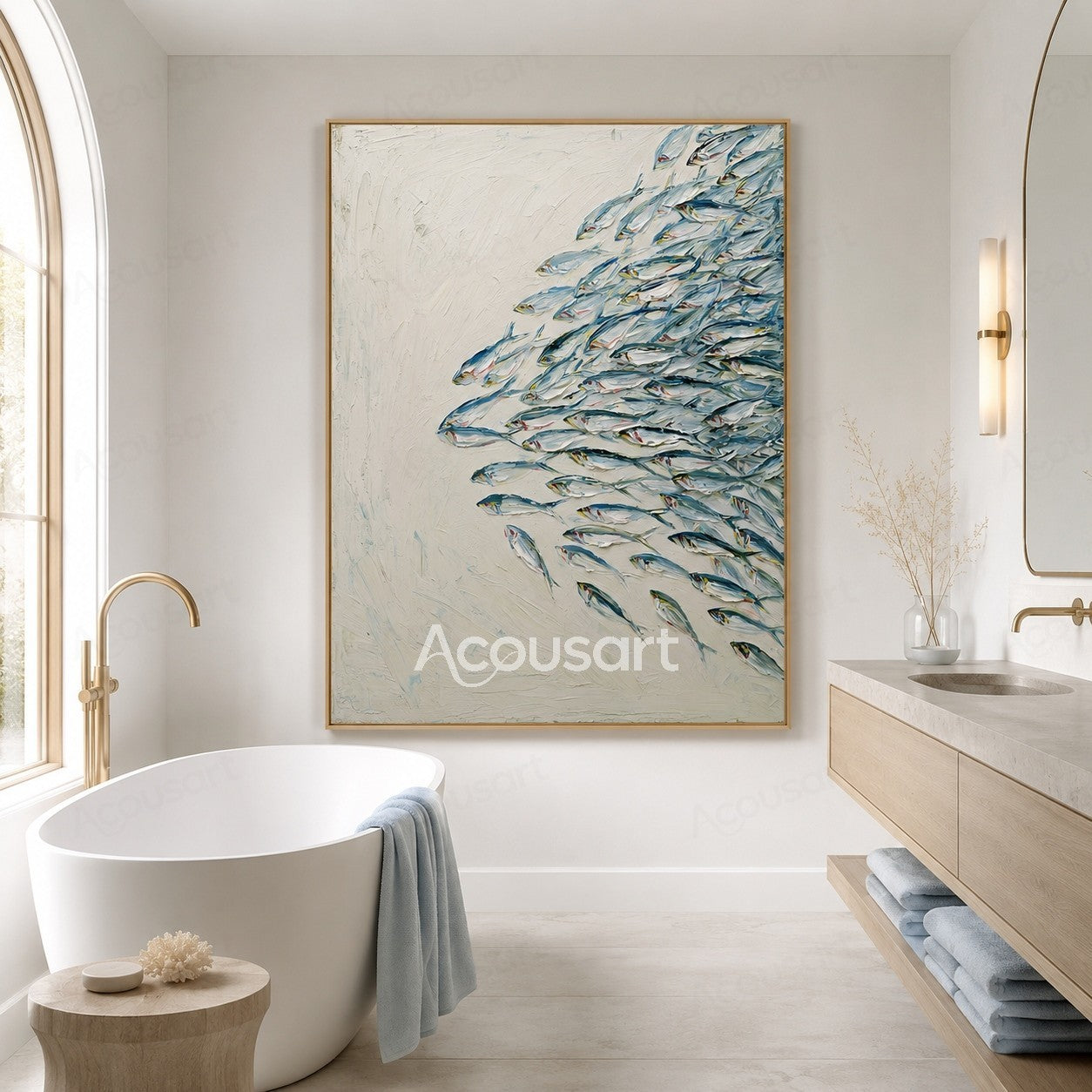 Blue textured fish wall art with silver fish swimming on a white ocean background
