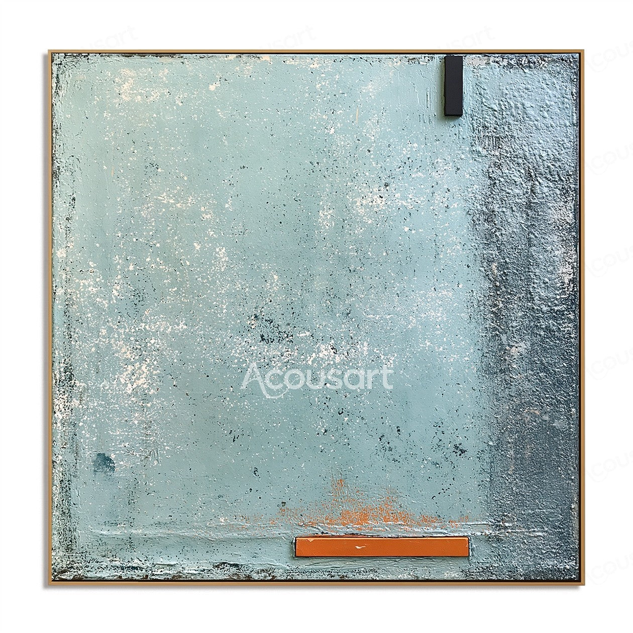 Blue textured abstract wall art with soft ocean tones, rough surface details, and orange accent line