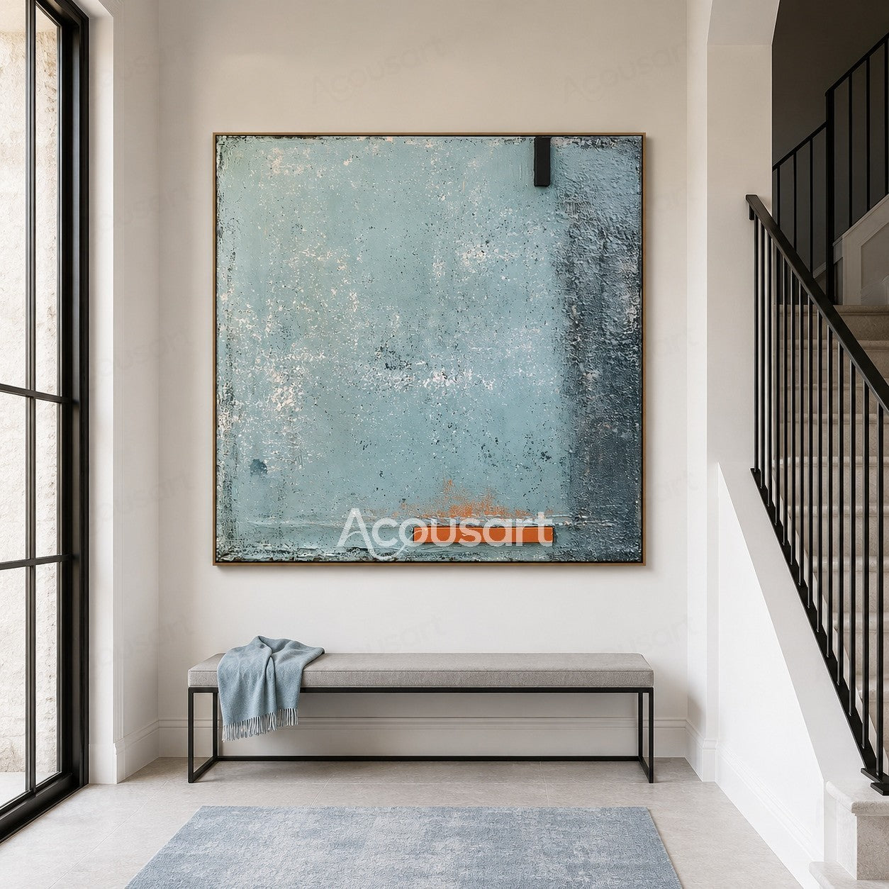 Blue textured abstract wall art with soft ocean tones, rough surface details, and orange accent line
