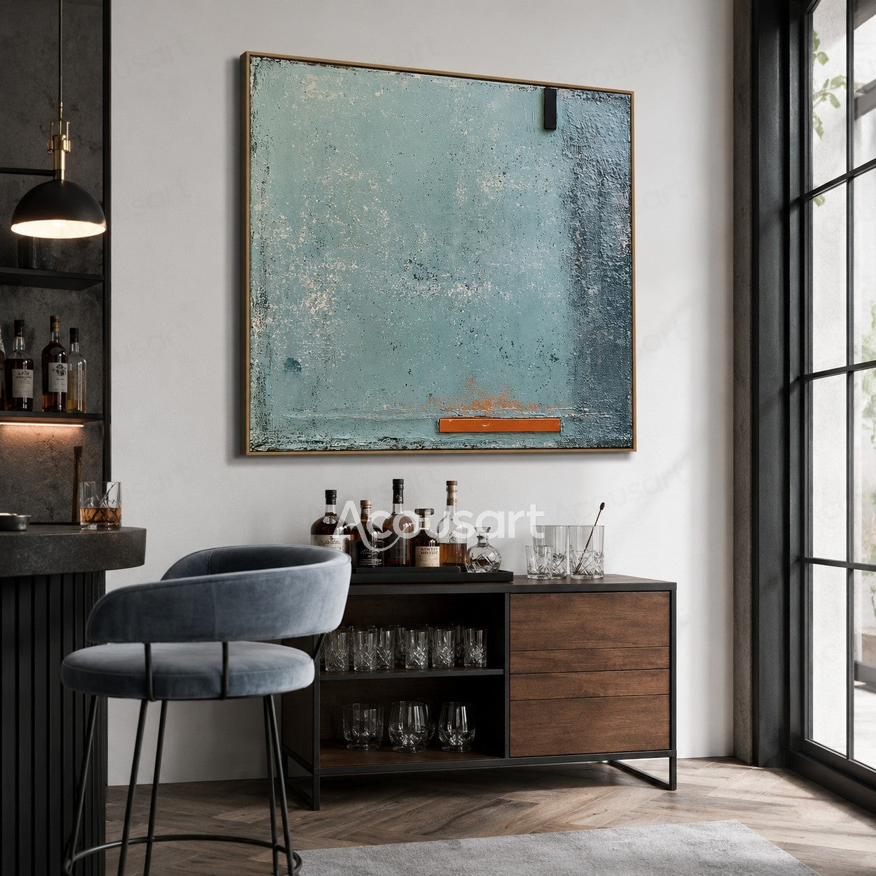 Blue textured abstract wall art with soft ocean tones, rough surface details, and orange accent line