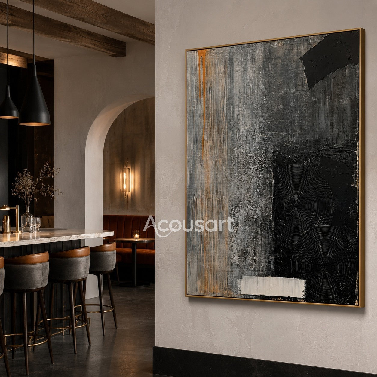 Textured abstract wall art in black, gray, white, and orange with circular patterns