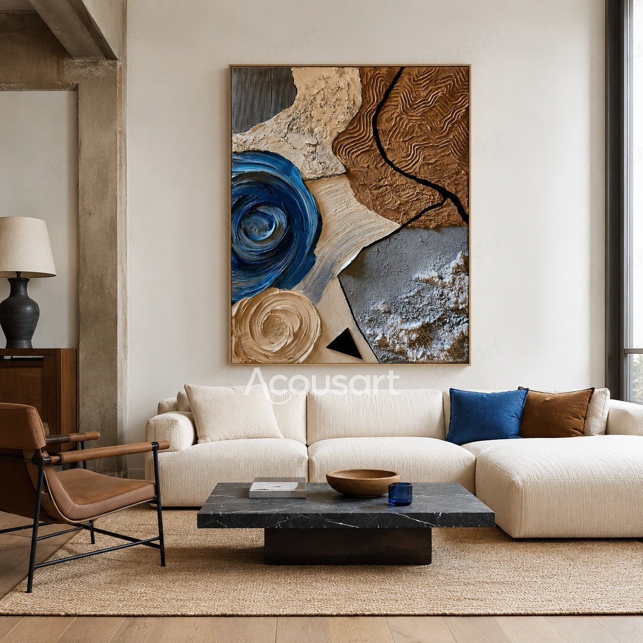 Textured abstract wall art with blue spiral, brown stone patterns, beige tones, and black organic lines