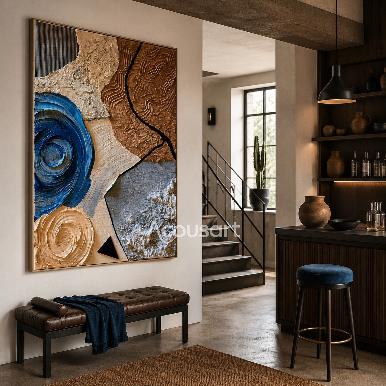 Textured abstract wall art with blue spiral, brown stone patterns, beige tones, and black organic lines