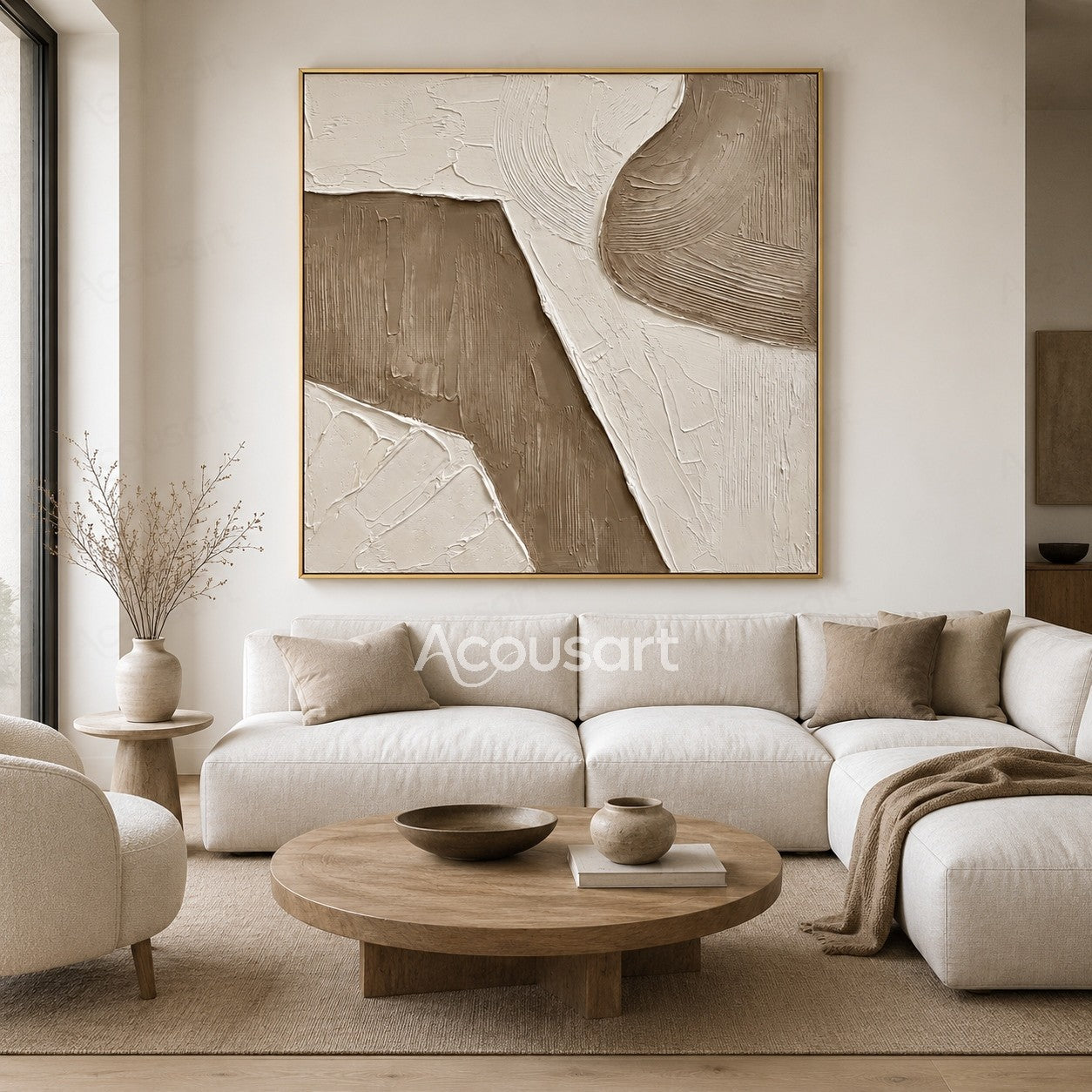 Neutral textured abstract wall art in beige, cream, and taupe
