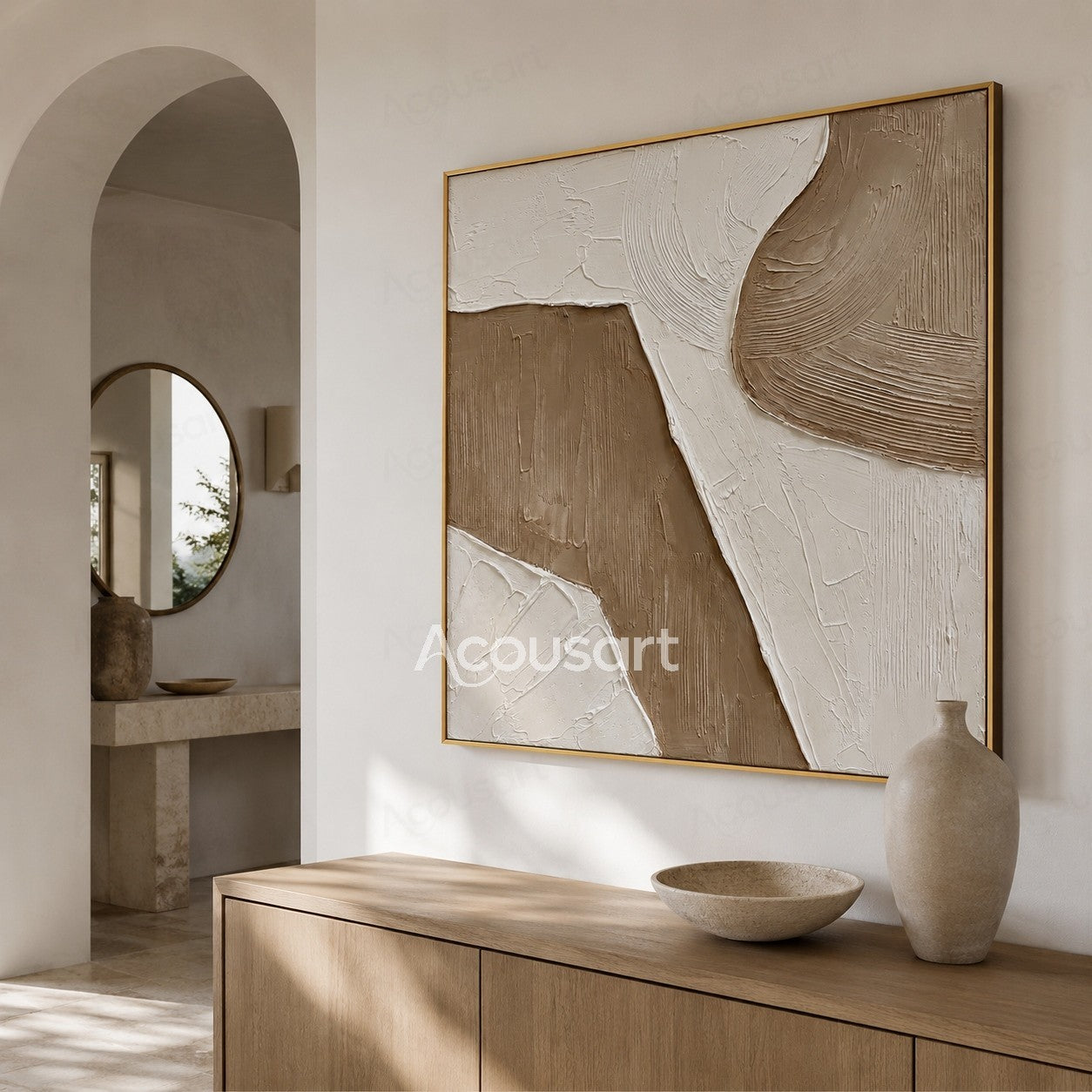 Neutral textured abstract wall art in beige, cream, and taupe