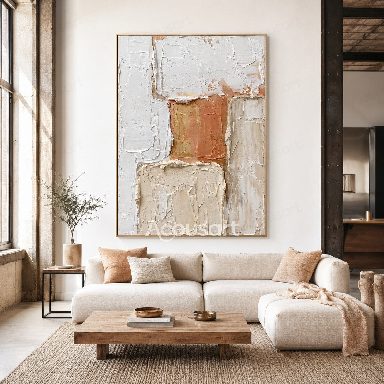 Neutral textured abstract wall art in white, cream, beige, and terracotta