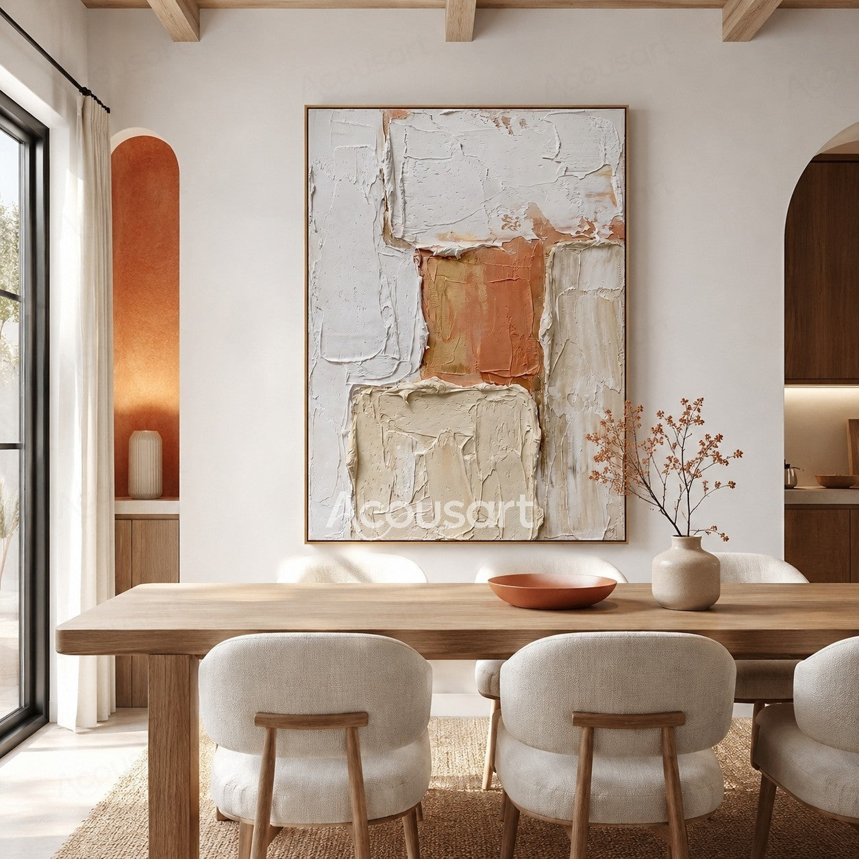 Neutral textured abstract wall art in white, cream, beige, and terracotta