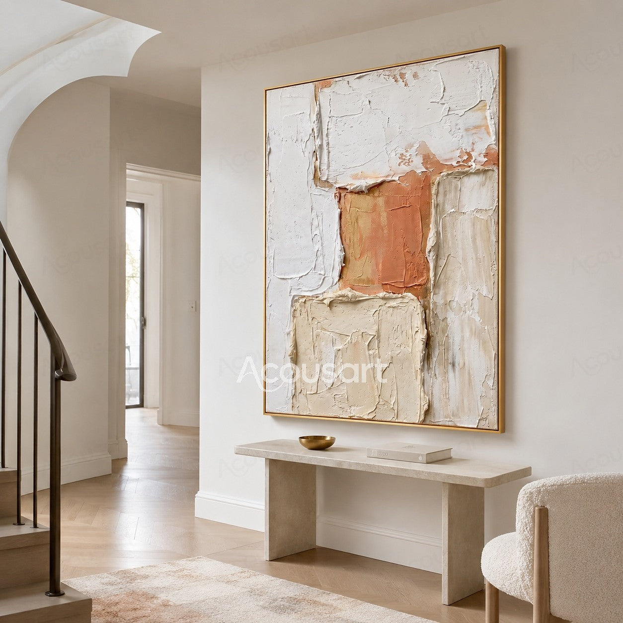 Neutral textured abstract wall art in white, cream, beige, and terracotta