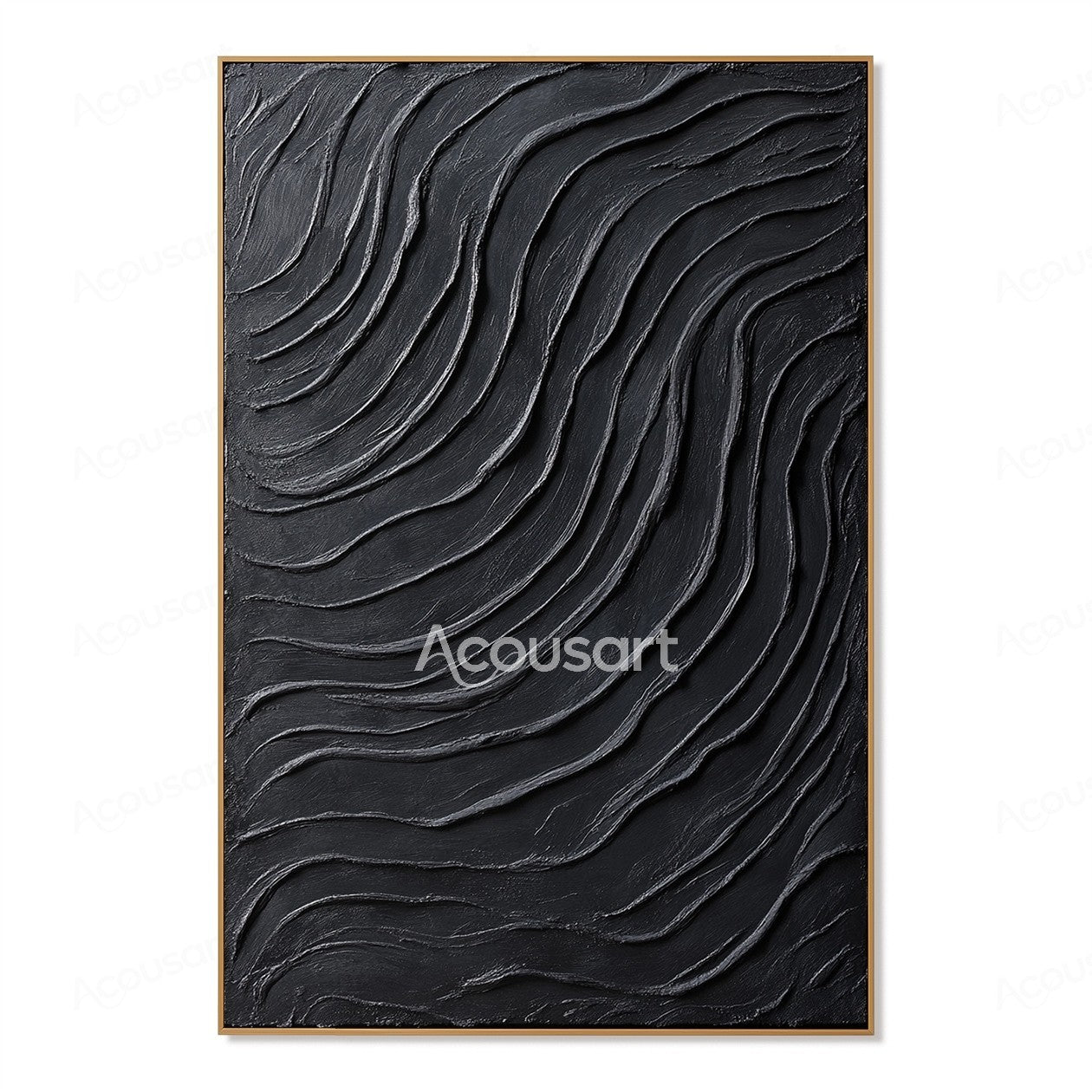 Black textured abstract wall art with flowing wavy 3D lines