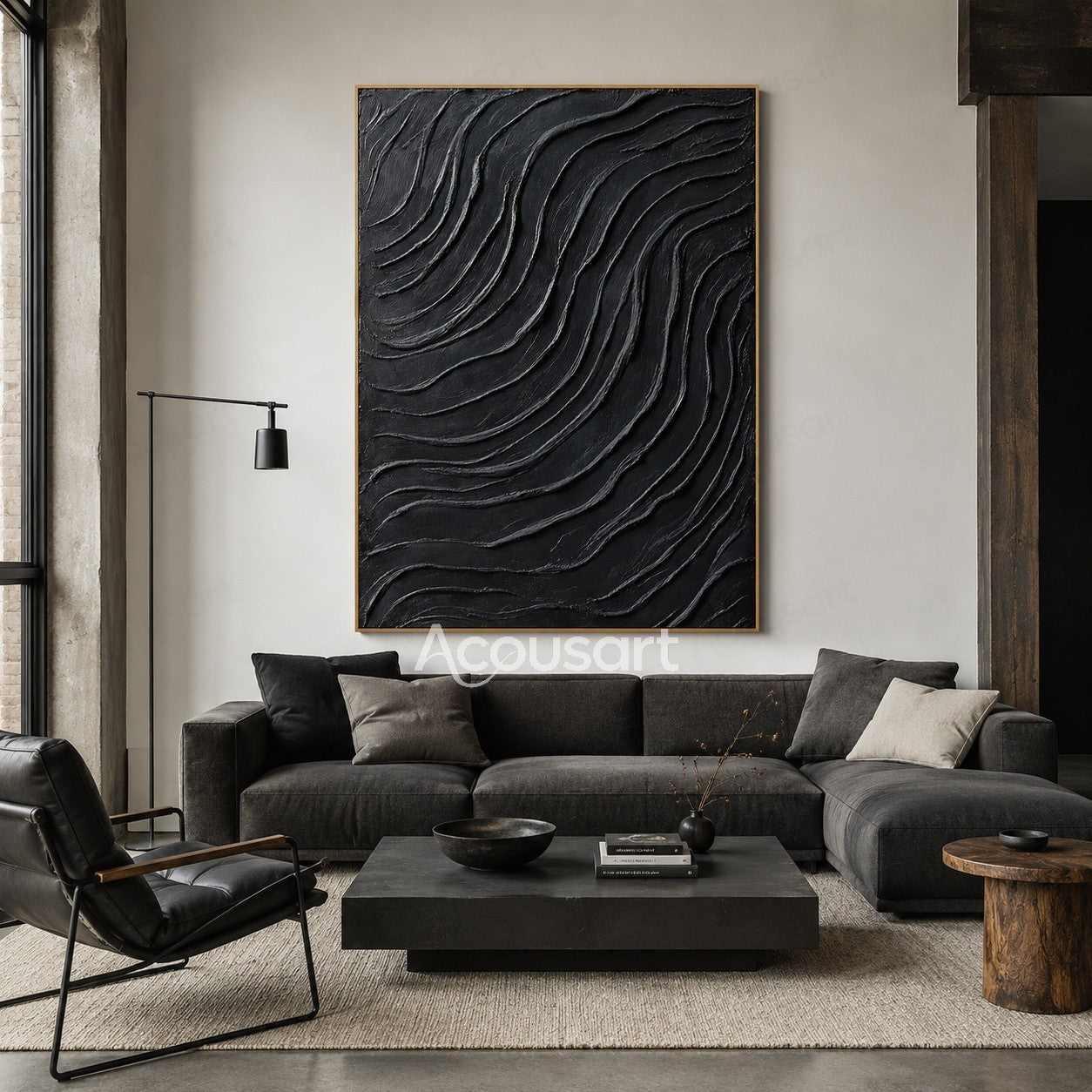 Black textured abstract wall art with flowing wavy 3D lines