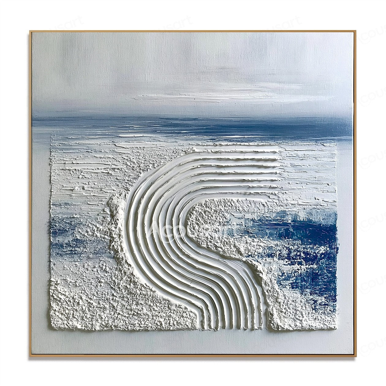 Blue and white textured abstract wall art with raised curved wave lines and ocean-inspired design