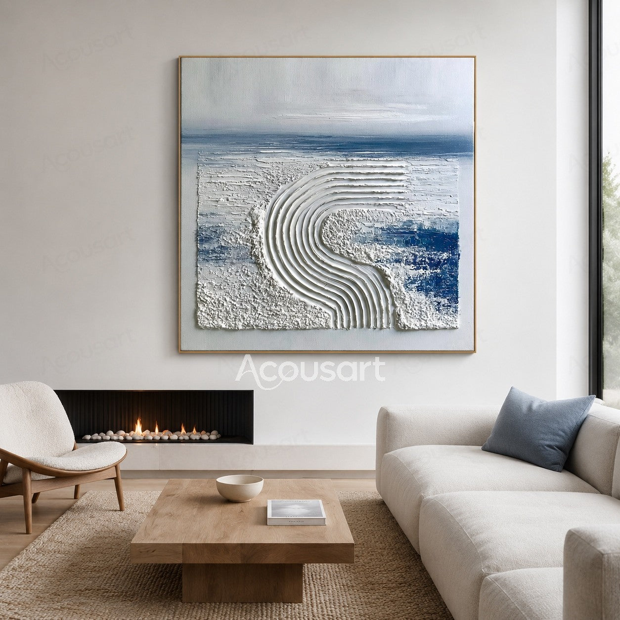 Blue and white textured abstract wall art with raised curved wave lines and ocean-inspired design