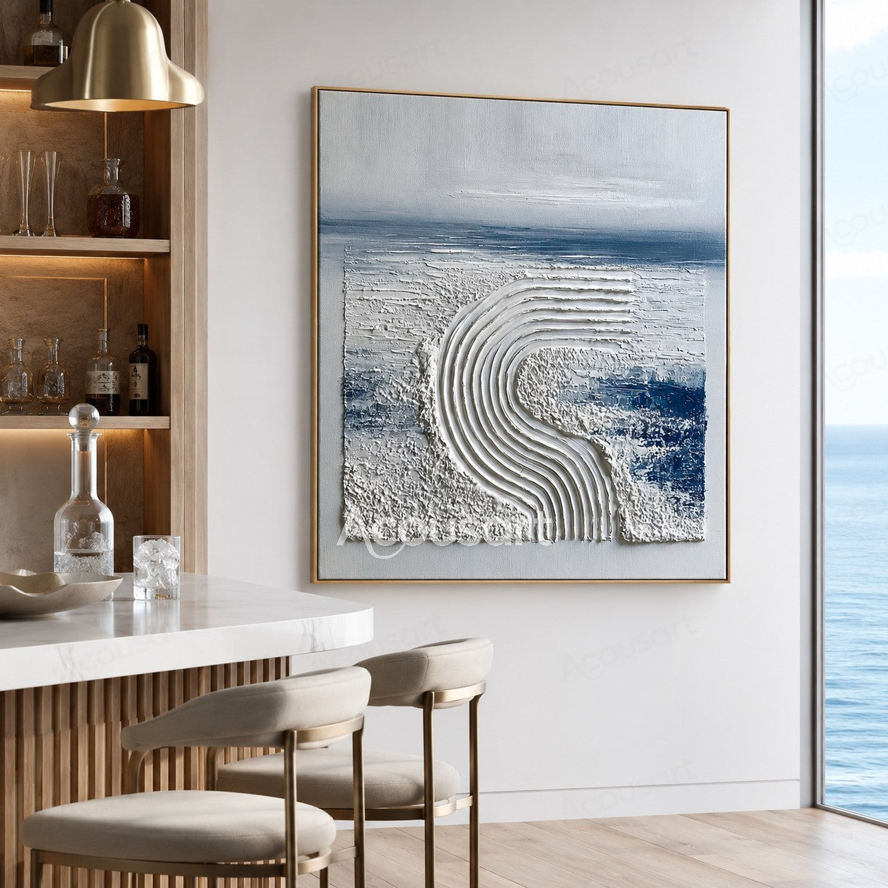 Blue and white textured abstract wall art with raised curved wave lines and ocean-inspired design