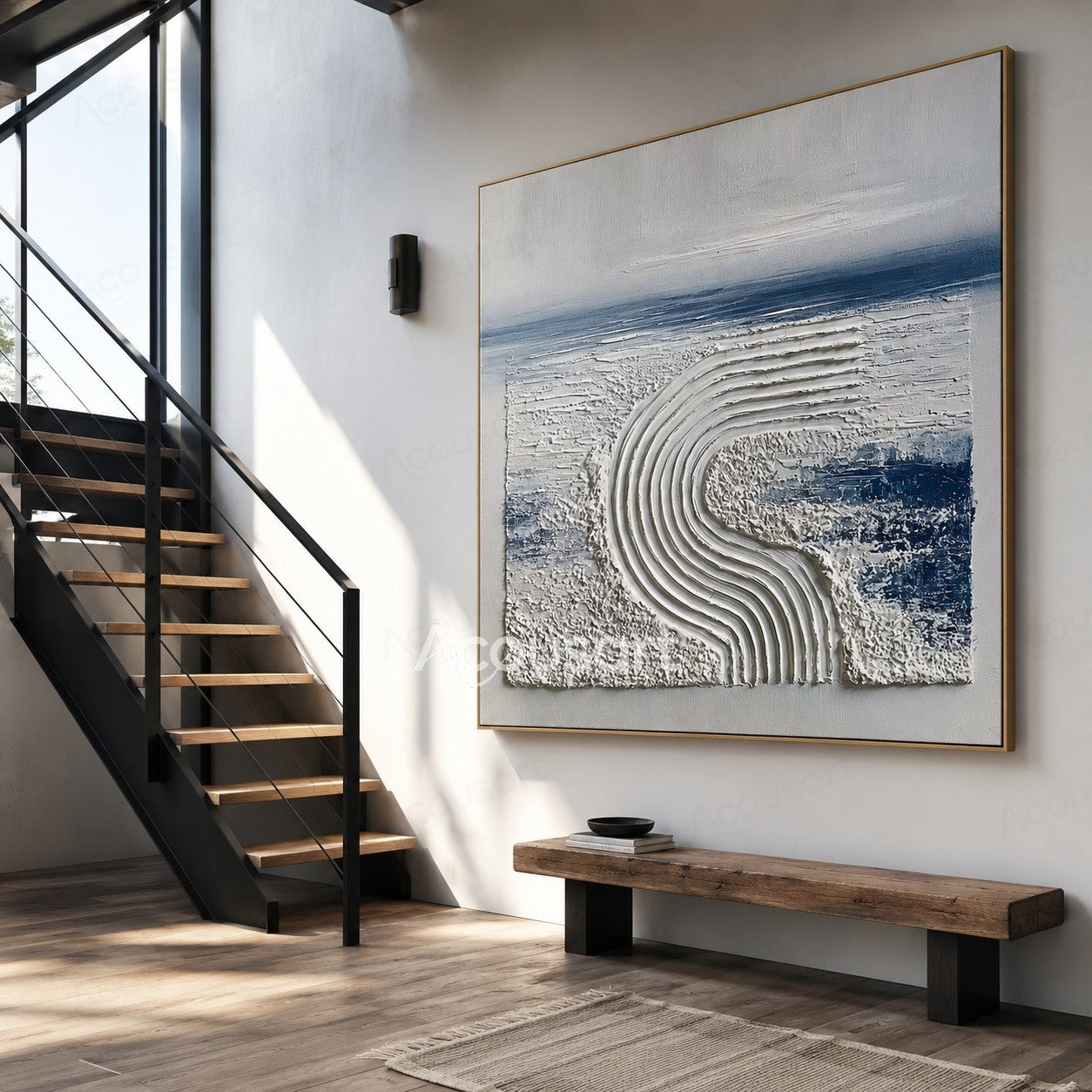 Blue and white textured abstract wall art with raised curved wave lines and ocean-inspired design