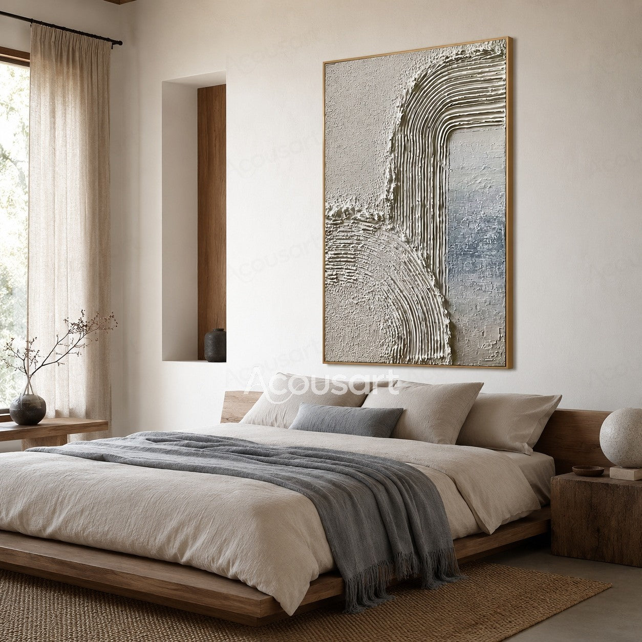 White and beige textured abstract wall art with raised curved line patterns