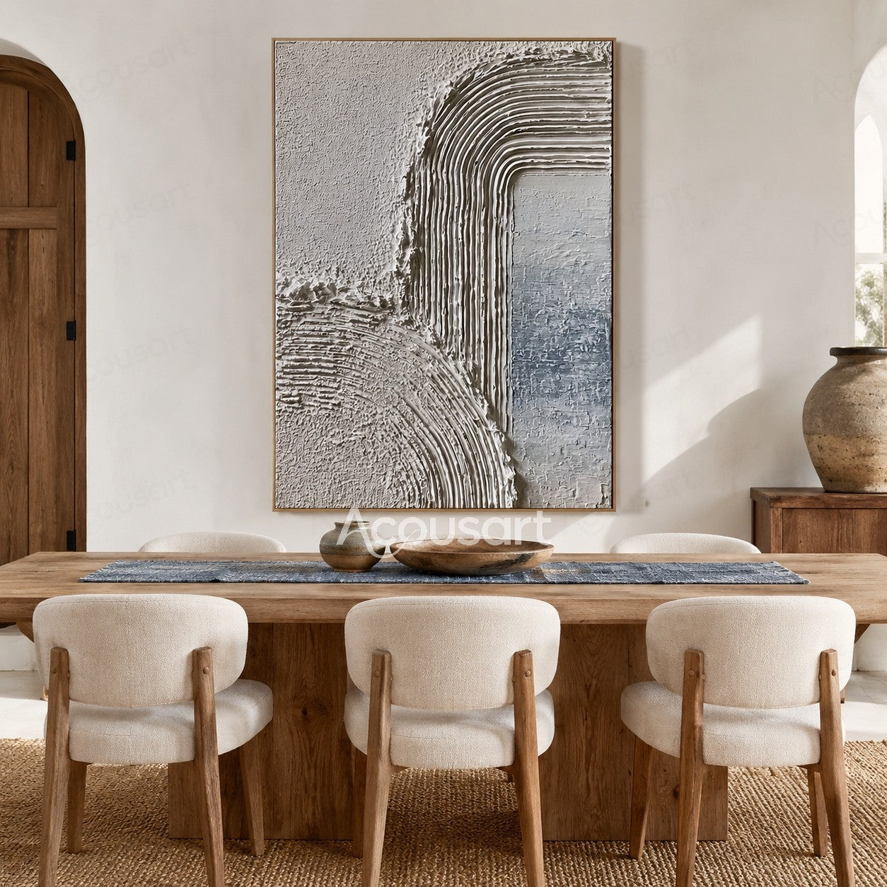 White and beige textured abstract wall art with raised curved line patterns
