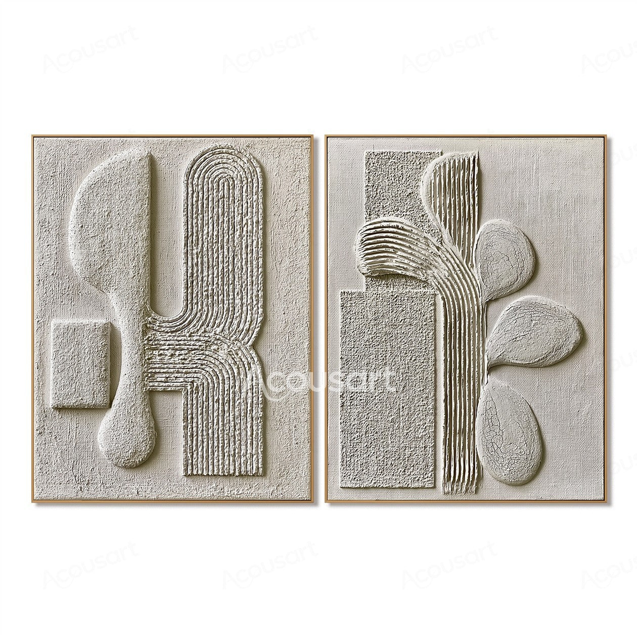 Neutral textured abstract wall art with white 3D geometric shapes and raised curved line patterns