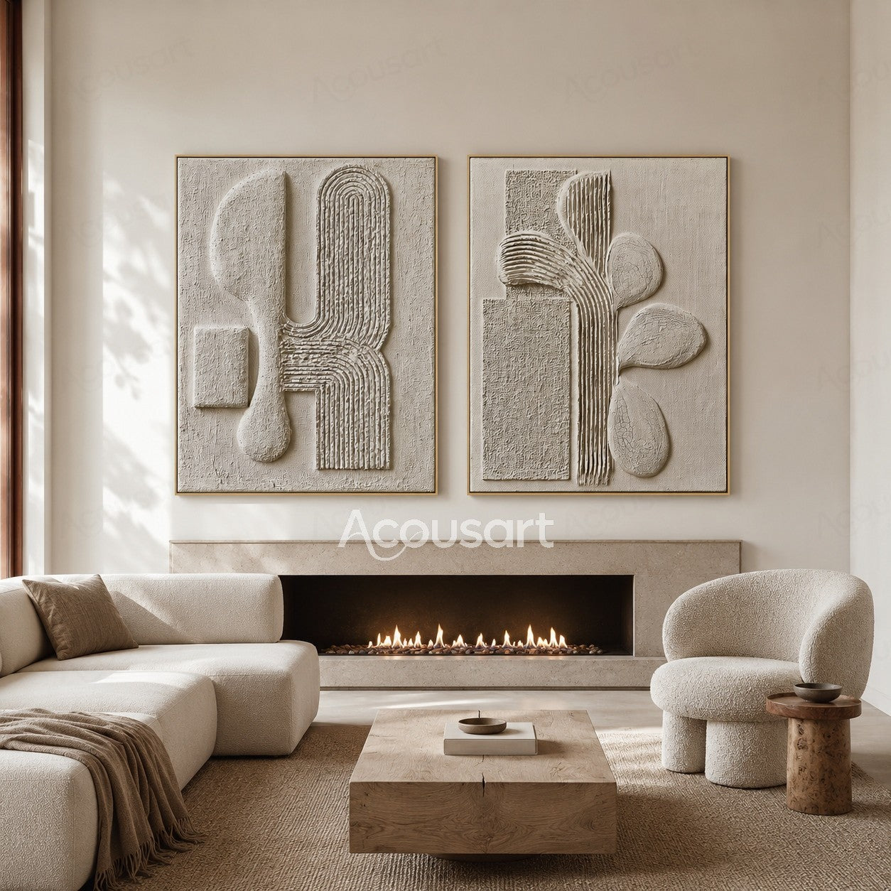 Neutral textured abstract wall art with white 3D geometric shapes and raised curved line patterns