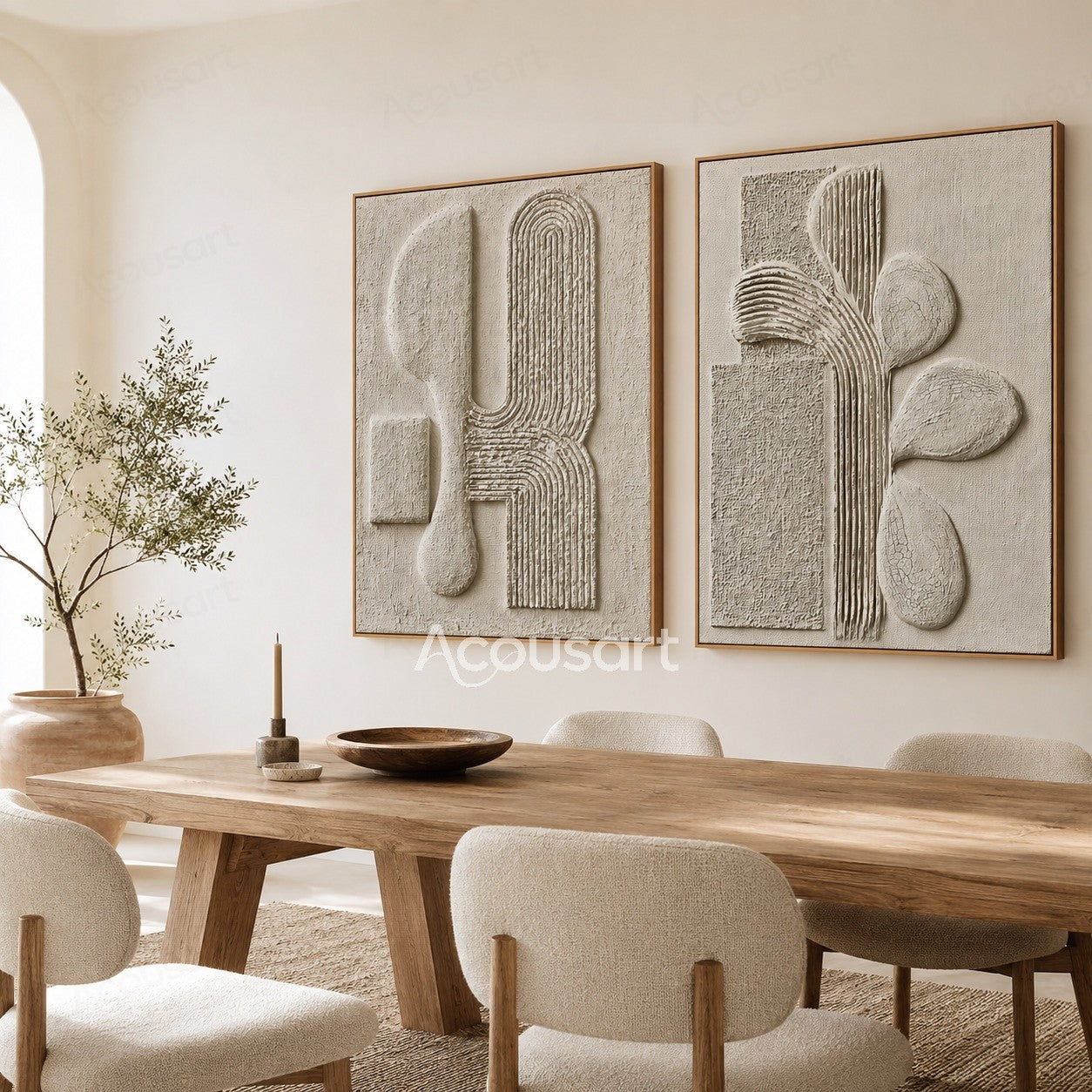 Neutral textured abstract wall art with white 3D geometric shapes and raised curved line patterns