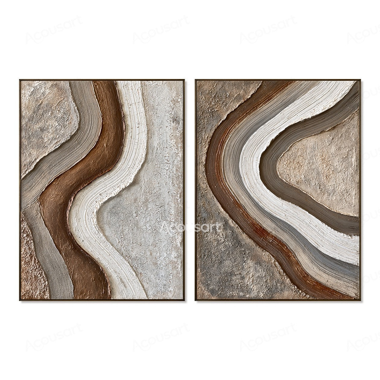 Neutral textured abstract wall art with flowing brown, beige, and white curved lines