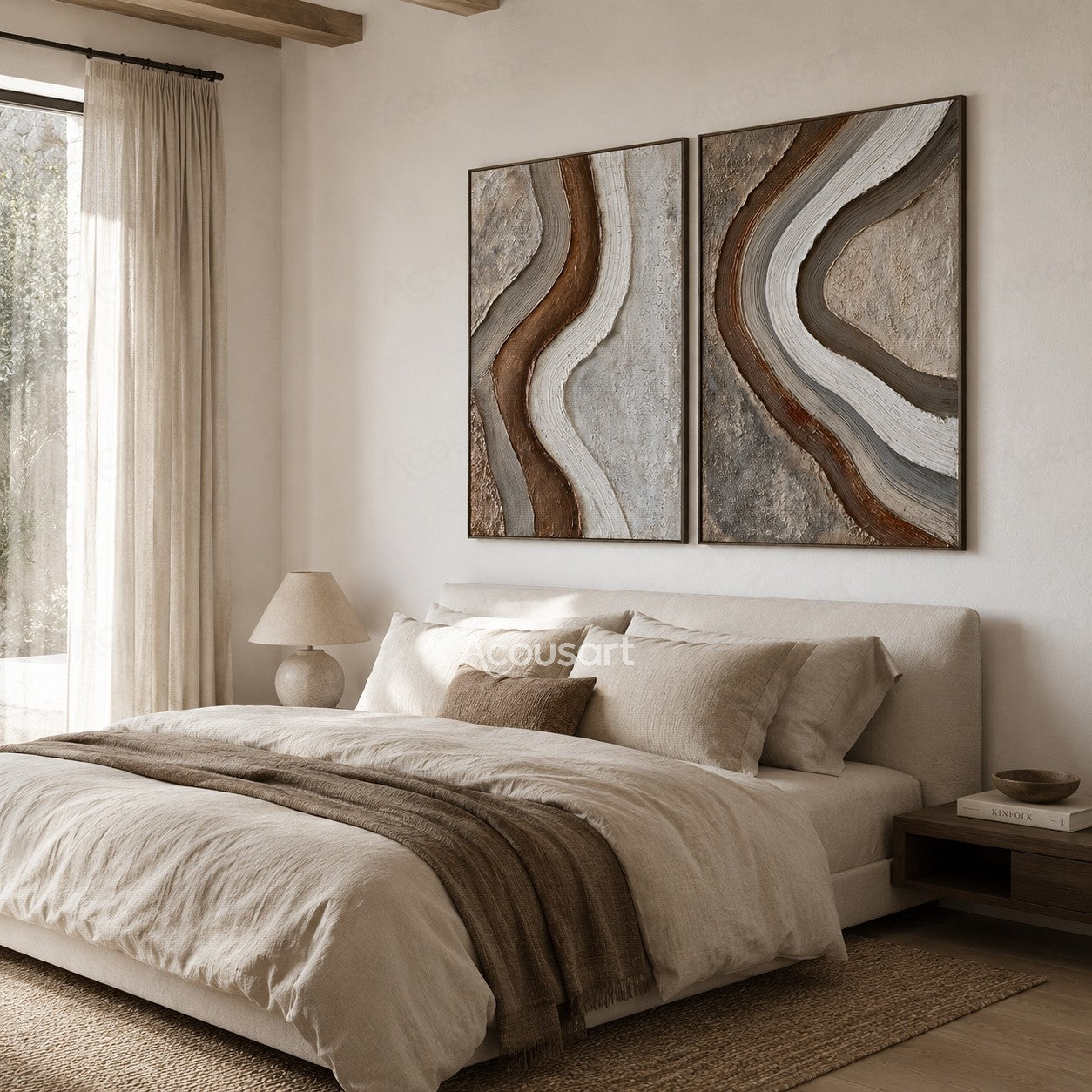 Neutral textured abstract wall art with flowing brown, beige, and white curved lines