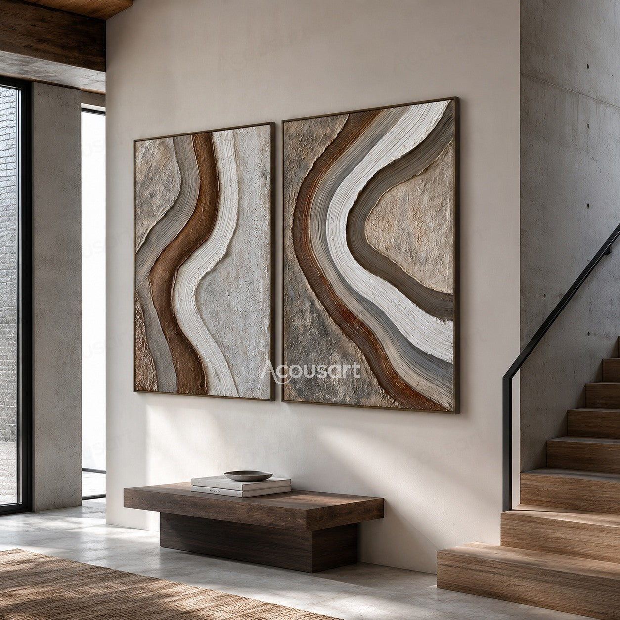Neutral textured abstract wall art with flowing brown, beige, and white curved lines