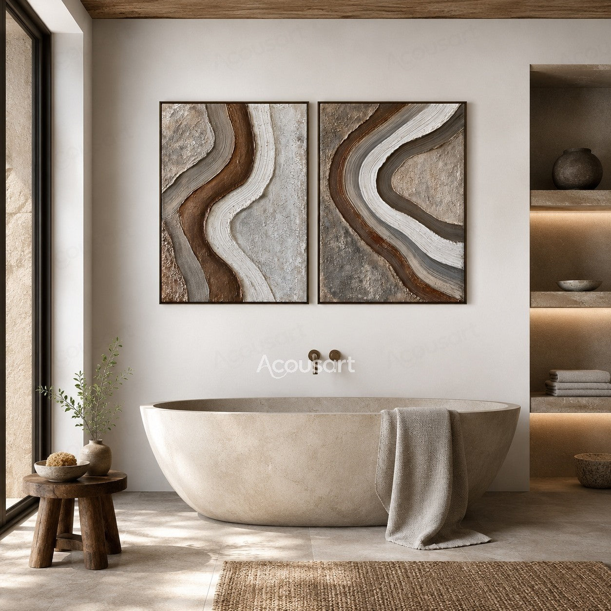 Neutral textured abstract wall art with flowing brown, beige, and white curved lines