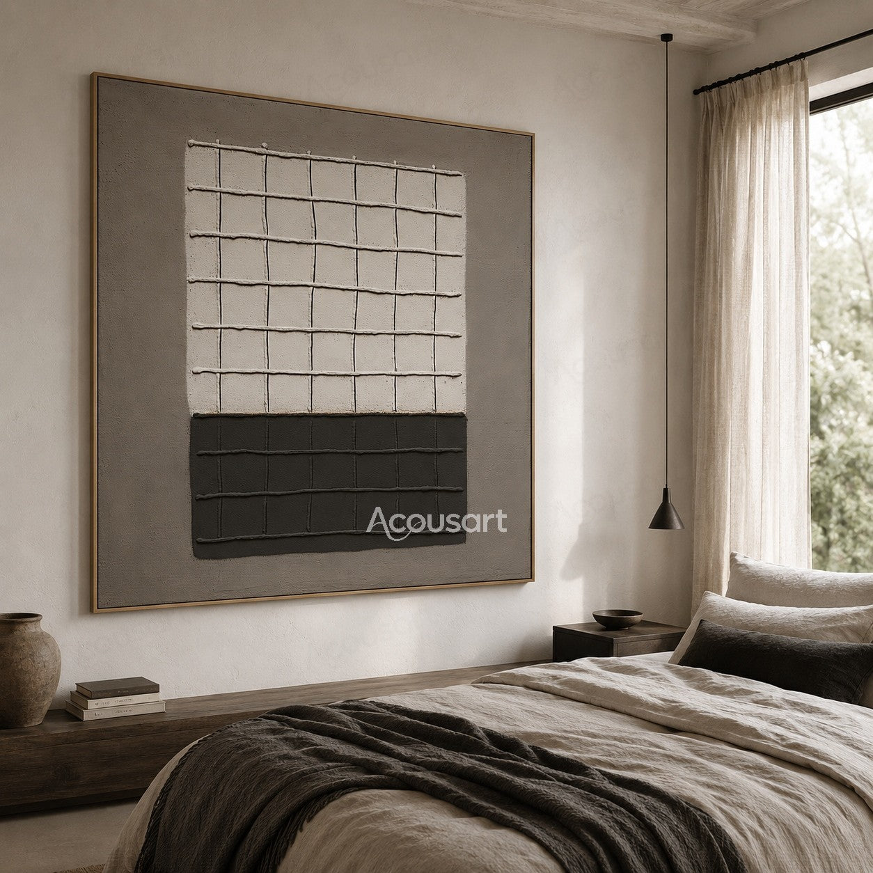 Black and white geometric textured abstract wall art with raised grid pattern design