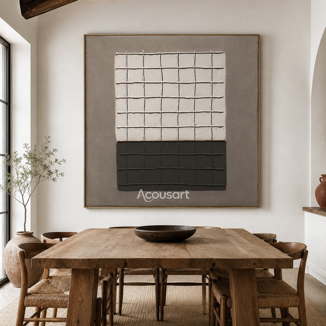 Black and white geometric textured abstract wall art with raised grid pattern design